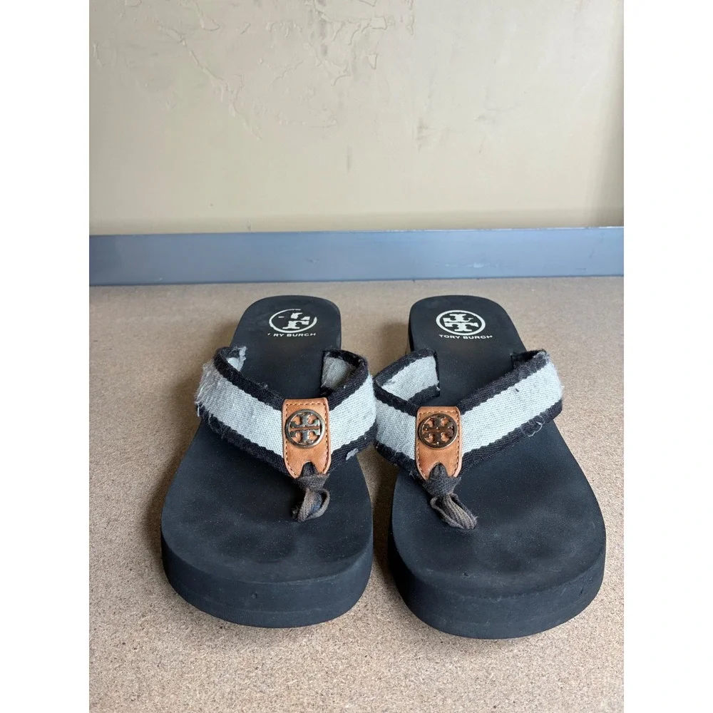 Tory Burch Platform Flip Flop Sandals Black White Striped Wedge Medallion Sz 8